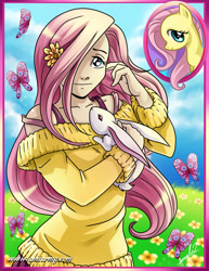 Size: 2153x2786 | Tagged: safe, artist:amelie-ami-chan, angel bunny, fluttershy, human, rabbit, g4, animal, clothes, duo, female, humanized, male, solo, sweater, sweatershy