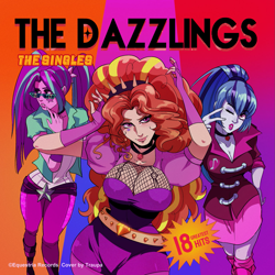 Size: 1447x1447 | Tagged: safe, artist:traupa, edit, adagio dazzle, aria blaze, sonata dusk, human, equestria girls, g4, my little pony equestria girls: rainbow rocks, album cover, anime style, breasts, busty adagio dazzle, cleavage, female, one eye closed, text, the dazzlings, trio, trio female