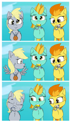 Size: 2300x4005 | Tagged: safe, artist:chopsticks, derpy hooves, lightning dust, spitfire, pegasus, pony, g4, parental glideance, 3 panel comic, cheek fluff, chest fluff, comic, cute, cutefire, derpabetes, derpy being derpy, dustabetes, ear fluff, eye clipping through hair, eyebrows, eyebrows visible through hair, female, filly, foal, head tilt, looking at you, medal, meme, mouth hold, nom, olympics, paris 2024, ponified, ponified meme, scene interpretation, sky, spread wings, stray strand, text, trio, trio female, wing hands, wing hold, wings, younger