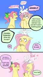 Size: 1746x3084 | Tagged: safe, artist:aztrial, angel bunny, fluttershy, posey bloom, earth pony, pegasus, pony, rabbit, g4, g5, angel bunny is not amused, angry, animal, annoyed, blushing, bow, comic, cross-popping veins, emanata, female, floppy ears, generation leap, gritted teeth, hair bow, lying, male, mare, nervous, ponytail, posey bloom is not amused, posey can't catch a break, shy, sweat, sweatdrop, teeth, unamused, unitober 2024, unshorn fetlocks