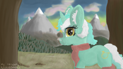 Size: 1276x717 | Tagged: safe, artist:illagain, lyra heartstrings, pony, unicorn, g4, clothes, horn, leg warmers, looking at you, mountain, nature, outdoors, scarf, smiling, solo