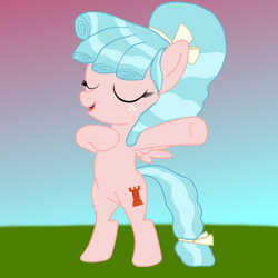 Size: 894x894 | Tagged: safe, artist:alexeigribanov, artist:optimusv42, cozy glow, pegasus, pony, g4, base used, bipedal, bow, chest beating, deviantart, eyes closed, hair bow, no shading, open mouth, open smile, outdoors, smiling, solo