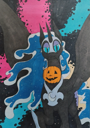 Size: 903x1280 | Tagged: safe, artist:darkhestur, nightmare moon, alicorn, mlp fim's fourteenth anniversary, g4, abstract background, armor, bag, candy bag, ethereal mane, helmet, ink, looking at you, marker drawing, pumpkin, solo, spread wings, traditional art, wings