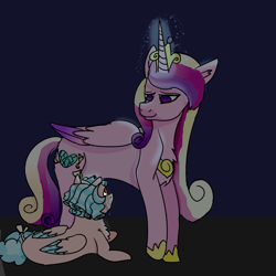 Size: 1500x1500 | Tagged: safe, artist:catsouttathebag, cozy glow, princess cadance, g4, colored wings, colored wingtips, crying, description, duo, duo female, female, glowing, glowing horn, horn, redemption, reformation, reformed villain, smiling, story included, what if, wings