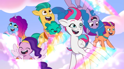 Size: 1331x748 | Tagged: safe, screencap, hitch trailblazer, izzy moonbow, misty brightdawn, pipp petals, sparky sparkeroni, sunny starscout, zipp storm, dragon, earth pony, pegasus, pony, unicorn, g5, my little pony: tell your tale, where the rainbows are made, spoiler:g5, spoiler:my little pony: tell your tale, spoiler:tyts02e12, baby, baby dragon, cloud, eyes closed, female, horn, male, mane five, mane seven (g5), mane six (g5), mare, open mouth, open smile, outdoors, rainbow, rebirth misty, smiling, stallion, sunny's bag