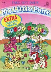 Size: 589x828 | Tagged: safe, official comic, dancing butterflies, milky way, sugarberry, up up and away, butterfly, earth pony, pegasus, pony, unicorn, g1, my little pony vol. 1, my little pony vol. 1 #67, balloon, basket, bow, bush, comic cover, cover, cover art, easter, female, flower, food, happy easter, holiday, horn, mare, mouth hold, my little pony logo, open mouth, open smile, outdoors, rearing, smiling, spread wings, stars, strawberry, tail, tail bow, tree, wings