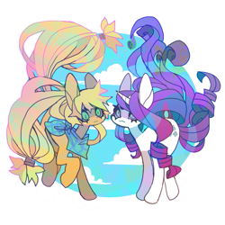 Size: 879x879 | Tagged: safe, artist:cutesykill, applejack, rarity, earth pony, pony, unicorn, g4, :3, alternate accessories, bandana, beanbrows, big ears, big eyes, big mane, big tail, blonde mane, blonde tail, blue eyes, blue eyeshadow, circle background, cloud, cute, duo, eyebrows, eyeshadow, female, flowing mane, flowing tail, green eyes, hair tie, hatless, horn, long mane, long tail, makeup, mane tie, mare, missing accessory, neckerchief, no catchlights, outdoors, passepartout, ponytail, purple mane, purple tail, raised hoof, ringlets, slender, slit pupils, tail, tail tie, tall ears, thick eyelashes, thin, three quarter view, tied mane, tied tail, unicorn horn