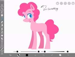 Size: 2048x1536 | Tagged: safe, artist:partyponypower, pinkie pie, earth pony, pony, g4, alternate hairstyle, arrow, art program in frame, blue eyelashes, blue eyes, blue pupils, colored, colored eyebrows, colored eyelashes, colored pinnae, colored pupils, curly mane, curly tail, female, flat colors, ibispaint x, looking back, mare, missing cutie mark, no catchlights, pink coat, pink mane, pink tail, short hair pinkie pie, short mane, short tail, smiling, solo, standing, tail, text, three quarter view, young adult