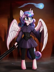 Size: 612x812 | Tagged: safe, artist:rameslack, princess flurry heart, alicorn, anthro, unguligrade anthro, g4, fanfic, fanfic art, fanfic cover, outdoors, partially open wings, solo, sword, weapon, wings