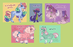 Size: 3309x2140 | Tagged: safe, artist:k-eilonwy, master kenbroath gilspotten heathspike, minty, pinkie pie (g3), rainbow dash (g3), wysteria, dragon, earth pony, pony, g3