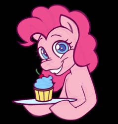 Size: 950x1000 | Tagged: safe, artist:partyponypower, pinkie pie, pony, fanfic:cupcakes, g4, blue eyes, blue pupils, bust, cherry, colored, colored sketch, cupcake, curly mane, eyelashes, female, flat colors, food, goretober, goretober 2024, grin, horse meat, imminent cannibalism, implied rainbow dash, looking at you, mare, meat, pink coat, pink mane, plate, sketch, slasher smile, smiling, solo, staring into your soul, this ended in death, three quarter view