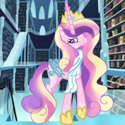 Size: 894x894 | Tagged: safe, artist:mlpedits123, princess cadance, alicorn, pony, g4, bookshelf, crystal empire, indoors, library, screencap background, solo