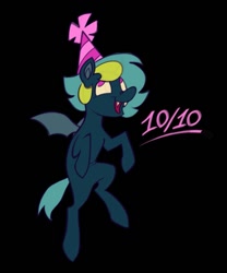 Size: 831x1000 | Tagged: safe, artist:partyponypower, oc, oc only, oc:nonapplicable, bat pony, pony, bat pony oc, birthday art, blue coat, colored pinnae, colored sclera, colored wings, fangs, flying, gray wings, green mane, green tail, hat, looking up, no catchlights, no pupils, open mouth, open smile, party hat, pink eyes, pink text, ponysona, short mane, short tail, small wings, smiling, solo, spread wings, tail, teal mane, teal tail, wings, yellow sclera