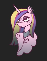 Size: 769x1000 | Tagged: safe, artist:partyponypower, gameloft, princess cadance, alicorn, pony, g4, alternate hairstyle, black background, bust, colored wings, ear piercing, earring, eyelashes, eyeshadow, female, frown, gameloft interpretation, gradient wings, horn, jewelry, long mane, makeup, mare, mirror universe, narrowed eyes, no catchlights, no pupils, peytral, piercing, pink coat, purple eyes, purple eyeshadow, simple background, solo, three toned mane, unicorn horn, wings, wings down