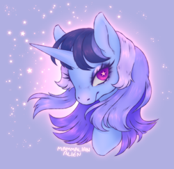 Size: 2091x2036 | Tagged: safe, artist:mammalian_alien, oc, oc only, oc:flawless sparklemoon, pony, unicorn, my little pony the movie: the death of twilight sparkle, eyelashes, eyeshadow, female, fusion, fusion:trixie, fusion:twilight sparkle, fusion:twixie, gradient background, horn, looking at you, makeup, mare, solo, sparkles, starry eyes, wingding eyes