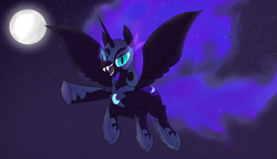 Size: 4175x2406 | Tagged: safe, artist:suryfromheaven, nightmare moon, pony, mlp fim's fourteenth anniversary, g4, armor, flying, looking at you, moon, night, open mouth, outdoors, spread wings, stars, teeth, wings