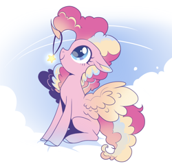 Size: 1352x1323 | Tagged: safe, artist:meteor s, pinkie pie, pegasus, pony, g4, cloud, colored wings, female, gradient wings, jewelry, looking up, mare, multicolored hair, multicolored mane, necklace, on a cloud, outdoors, pegasus pinkie pie, race swap, sky, smiling, solo, spread wings, stars, wings