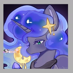 Size: 1954x1954 | Tagged: safe, artist:丫酱酱yuki, princess luna, alicorn, pony, g4, bust, female, gradient background, mare, moon, passepartout, portrait, signature, solo, star hairpin