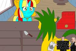 Size: 2400x1600 | Tagged: safe, oc, oc:pineapple cruelty, oc:terri softmare, pony, butt, censored, knife, plot