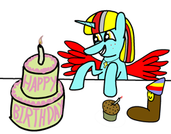 Size: 1344x1048 | Tagged: safe, artist:alltheclovers, oc, oc:terri softmare, pony, birthday cake, cake, cupcake, food, hat, party hat