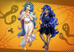 Size: 1459x1032 | Tagged: safe, artist:arsbin, oc, oc only, oc:maya northwind, oc:sadie michaels, human, celestia costume, clothes, commission, costume, dark skin, duo, halloween, halloween costume, human oc, humanized, luna costume