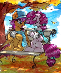 Size: 1711x2048 | Tagged: safe, artist:liaaqila, sugar belle, oc, oc:kace chase, pegasus, pony, unicorn, g4, autumn, bench, canon x oc, chocolate, clothes, duo, food, horn, hot chocolate, leaves, outdoors, scarf, traditional art, tree