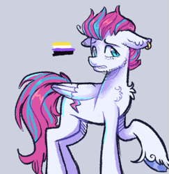 Size: 633x651 | Tagged: safe, artist:kreeeeeez, zipp storm, pegasus, pony, g5, ear piercing, earring, floppy ears, jewelry, looking sideways, messy tail, nervous, nonbinary, nonbinary pride flag, piercing, pride, pride flag, raised hoof, solo, tail, turned head, unshorn fetlocks