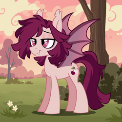 Size: 2100x2100 | Tagged: safe, artist:crimmharmony, oc, oc only, oc:crimm harmony, bat pony, pony, outdoors, smiling, solo, spread wings, standing, tree, wings