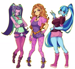 Size: 2048x1865 | Tagged: safe, artist:223933965a, adagio dazzle, aria blaze, sonata dusk, human, equestria girls, g4, my little pony equestria girls: rainbow rocks, aria flat, breasts, busty sonata dusk, cleavage, crossed arms, delicious flat chest, female, hand on hip, open mouth, open smile, simple background, smiling, the dazzlings, trio, trio female, white background