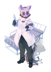 Size: 3809x5413 | Tagged: safe, artist:saxopi, earth pony, pony, anthro, plantigrade anthro, arm hooves, beard, bed, clipboard, clothes, commission, dc comics, facial hair, glasses, hoof hold, hospital bed, hugo strange, lab coat, male, ponified, round glasses, simple background, solo, stallion, white background