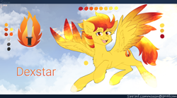 Size: 2700x1500 | Tagged: safe, artist:sinrinf, oc, oc only, oc:dextar, pegasus, pony, commission, fire, flying, looking at you, outdoors, reference sheet, smiling, solo, spread wings, wings, ych result