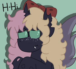 Size: 862x783 | Tagged: safe, artist:fionnaskribbles, oc, oc only, oc:marzipan creme, changeling, pony, bow, broken horn, changeling oc, dialogue, fangs, hair bow, horn, shy, simple background, talking to viewer, two toned mane