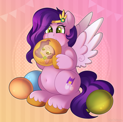 Size: 2800x2790 | Tagged: safe, artist:madelinne, pipp petals, pegasus, pony, g5, adorapipp, balloon, belly, belly button, blowing up balloons, chubby, commissioner:puffydearlysmith, cute, female, gradient background, headband, inflating, jewelry, loonerpipp, mare, pipp is chubby, puffy cheeks, solo, spread wings, unshorn fetlocks, wings