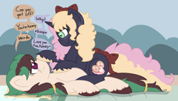 Size: 3178x1799 | Tagged: safe, artist:fionnaskribbles, oc, oc only, oc:marzipan creme, oc:wild spearmint, pegasus, pony, unicorn, annoyed, boop, dialogue, duo, female, horn, lesbian, lying down, noseboop, oc x oc, outdoors, shipping, smiling, teasing