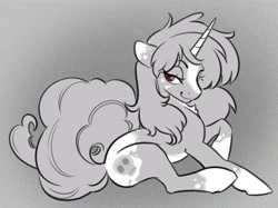 Size: 3434x2567 | Tagged: safe, artist:opalacorn, oc, oc only, pony, unicorn, blaze (coat marking), coat markings, colored horn, facial markings, female, grayscale, horn, lidded eyes, mare, monochrome, partial color, sitting, solo