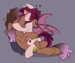 Size: 2469x2085 | Tagged: safe, artist:crimmharmony, oc, oc only, oc:be sharp, oc:crimm harmony, bat pony, earth pony, pony, bat pony oc, bat wings, blushing, butt, duo, ears back, ears up, earth pony oc, eyes closed, holding a pony, holding head, kiss on the lips, kissing, making out, oc x oc, plot, shipping, simple background, sitting, sitting on person, sitting on pony, spread wings, wings