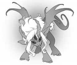 Size: 2400x2024 | Tagged: safe, artist:opalacorn, oc, oc only, oc:lovesick, demon, demon pony, pony, black and white, cloven hooves, fangs, gradient background, grayscale, horns, looking at you, monochrome, multiple eyes, rectangular pupil, solo, spread wings, three eyes, wings