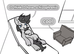 Size: 2400x1773 | Tagged: safe, artist:opalacorn, oc, oc only, earth pony, pony, black and white, chair, dialogue, grayscale, lying down, male, meme, monochrome, on back, ponified meme, schizophrenia, solo, speech bubble, stallion