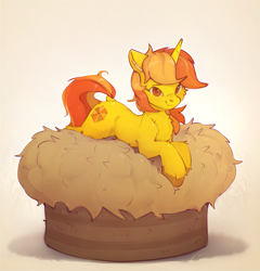 Size: 2181x2268 | Tagged: safe, artist:itssim, oc, oc only, oc:amber fossil, pony, unicorn, cheek fluff, chest fluff, dock, ear fluff, female, high res, horn, looking at you, lying down, mare, prone, smiling, smiling at you, solo, sploot, tail, unicorn oc, unshorn fetlocks