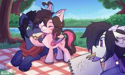 Size: 3000x1800 | Tagged: safe, artist:cuiicie, oc, oc only, oc:elon, oc:fenris ebonyglow, oc:key mash, bat pony, goat, pegasus, pony, ahoge, drawing, female, food, horns, male, mare, mouth hold, outdoors, pencil, picnic, picnic blanket, river, sandwich, stallion, tree, trio, water