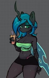 Size: 1474x2361 | Tagged: safe, artist:cyvor, queen chrysalis, changeling, changeling queen, anthro, g4, abstract background, alternate hairstyle, clothes, drink, female, fishnet clothing, fishnet gloves, gloves, lidded eyes, looking at you, short hair, short shirt, solo