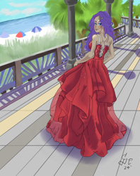 Size: 1600x2022 | Tagged: safe, artist:tenshihoshino, rarity, human, g4, beach, beach umbrella, bedroom eyes, boardwalk, clothes, dress, eyeshadow, female, gown, humanized, makeup, ocean, outdoors, sand, solo, water