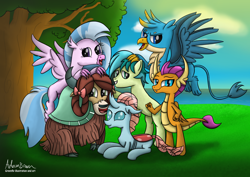 Size: 2912x2059 | Tagged: safe, artist:greenflyart, gallus, ocellus, sandbar, silverstream, smolder, yona, changedling, changeling, classical hippogriff, dragon, earth pony, griffon, hippogriff, pony, yak, g4, season 8, bow, claws, cloven hooves, colored hooves, dragoness, female, flying, hair bow, hooves, looking at you, male, mane six opening poses, monkey swings, outdoors, paws, stallion, student six, tail, teenager, wings