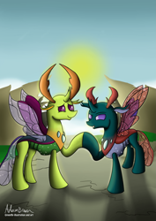 Size: 2059x2912 | Tagged: safe, artist:greenflyart, pharynx, thorax, changedling, changeling, g4, brothers, changedling brothers, cute, hoofbump, king thorax, male, outdoors, pharybetes, prince pharynx, shadow, siblings, sun, thorabetes