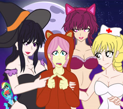 Size: 10000x8824 | Tagged: safe, artist:urhangrzerg, fluttershy, rainbow dash, human, equestria girls, g4, akeno himejima, butterscotch, clothes, costume, crossover, equestria guys, fairy tail, halloween, halloween costume, high school dxd, holiday, honkai: star rail, humanized, kafka (honkai: star rail), lucy heartfilia, male, outdoors, rainbow blitz, rule 63