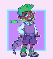 Size: 1186x1327 | Tagged: safe, artist:kreeeeeez, spike, human, g4, clothes, dark skin, elf ears, fake tail, freckles, green eyes, humanized, mohawk, necktie, nonbinary, pants, passepartout, shirt, shoes, smiling, socks