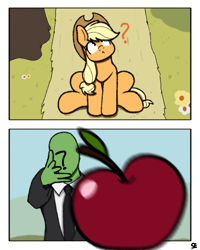 Size: 1080x1350 | Tagged: safe, artist:sefastpone, applejack, oc, oc:anon, earth pony, pony, g4, 2 panel comic, :<, apple, comic, confused, cowboy hat, digital art, eminem, food, hat, meme, plague be upon ye, throwing