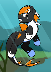 Size: 2480x3508 | Tagged: safe, artist:sefastpone, oc, oc only, oc:se, original species, shark, shark pony, bubble, digital art, fins, fish tail, flowing mane, flowing tail, ocean, outdoors, seaweed, shark tail, shark teeth, smiling, solo, sunlight, swimming, tail, underwater, water