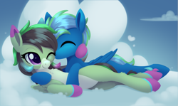 Size: 2695x1606 | Tagged: safe, artist:dusthiel, oc, oc only, pegasus, pony, belly, cloud, countershading, cuddling, duo, on a cloud, outdoors, pegasus oc