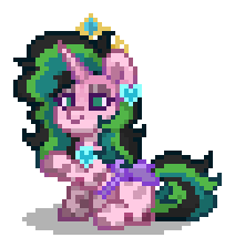 Size: 212x224 | Tagged: safe, oc, oc only, oc:stolen love, alicorn, changeling, changepony, hybrid, pony, pony town, g4, alicorn oc, changeling wings, digital art, ear piercing, female, green eyes, horn, interspecies offspring, jewelry, magical lesbian spawn, mare, multicolored hair, multicolored mane, multicolored tail, necklace, offspring, parent:princess cadance, parent:queen chrysalis, parents:cadalis, piercing, pink coat, pixel art, purple wings, raised hoof, simple background, sitting, solo, tail, tiara, transparent background, wings